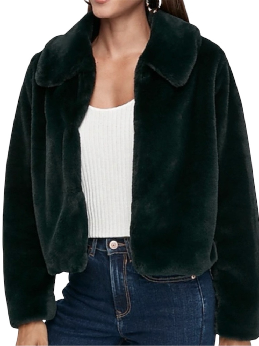 Express Dark Emerald Green Faux Fur Waist Length Jacket Size Medium